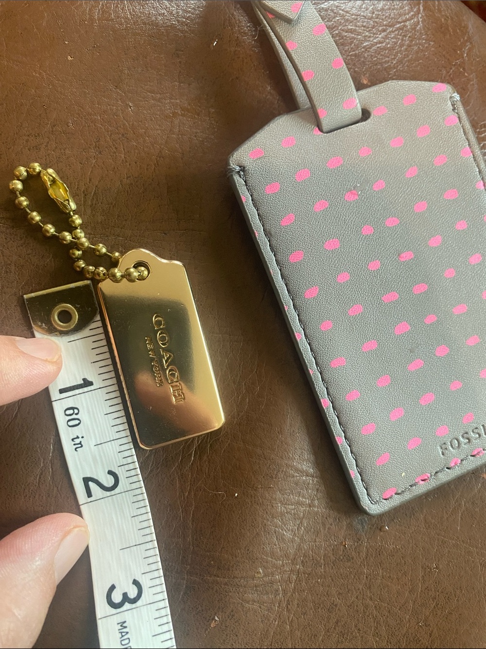 Coach bag charm and Fossil Gray Leather ID Tag with Pink Polka Dots - Picture 3 of 6